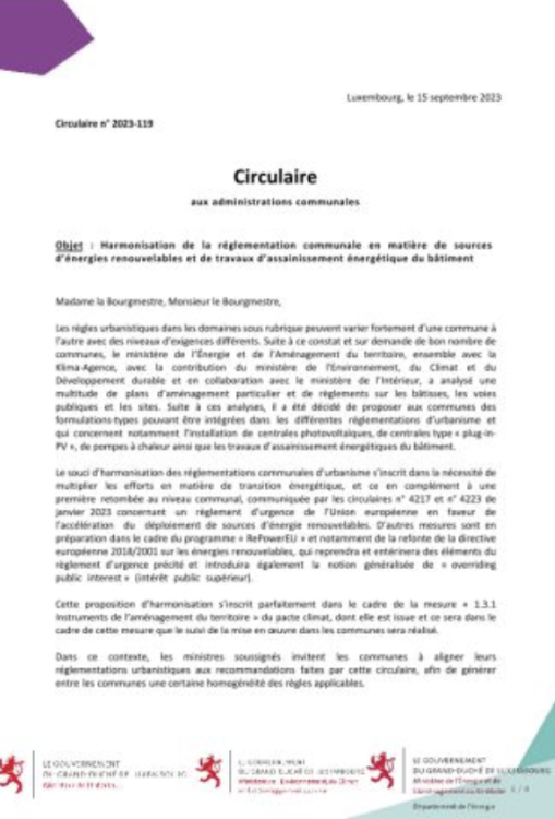 Harmonisation de la réglementation communale en matière de sources d’énergies renouvelables et de travaux d’assainissement énergétique du bâtiment